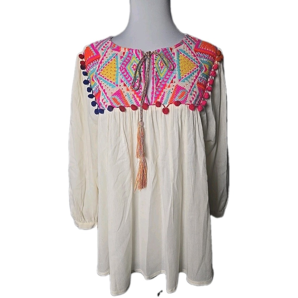 Deby DoBo Embroidered Gauzy Flowy Boho Top Small S 3/4 Sleeve‎